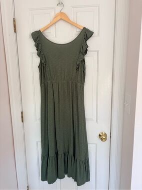 ba&sh Olive Green Ruffle Sleeve Midi Dress